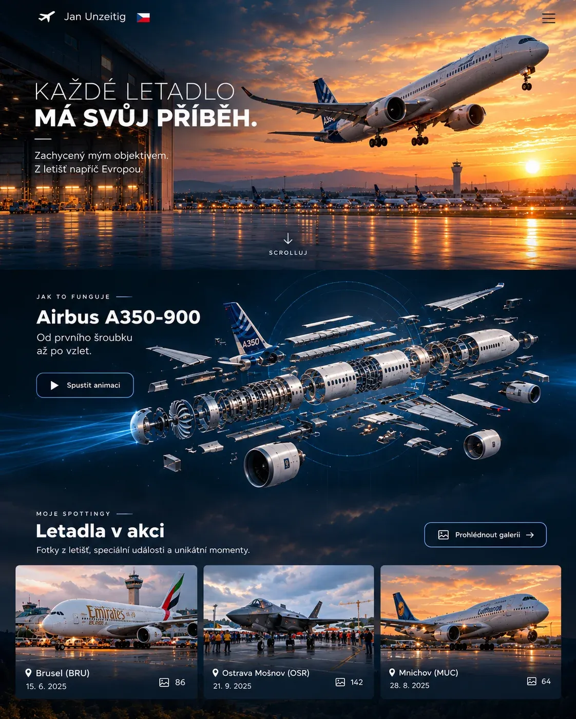 Designentwurf für Jan Unzeitig mit einem Flugzeug im Sonnenuntergang, einer technischen Flugzeugansicht und Luftfahrtfotografie
