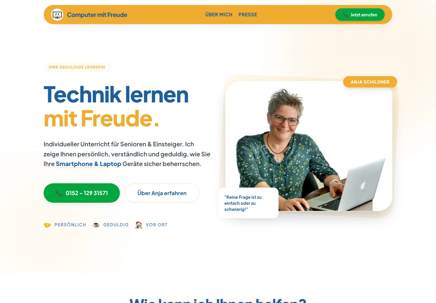 Computer mit Freude Website mit Anja Schildner und der Überschrift Technik lernen mit Freude