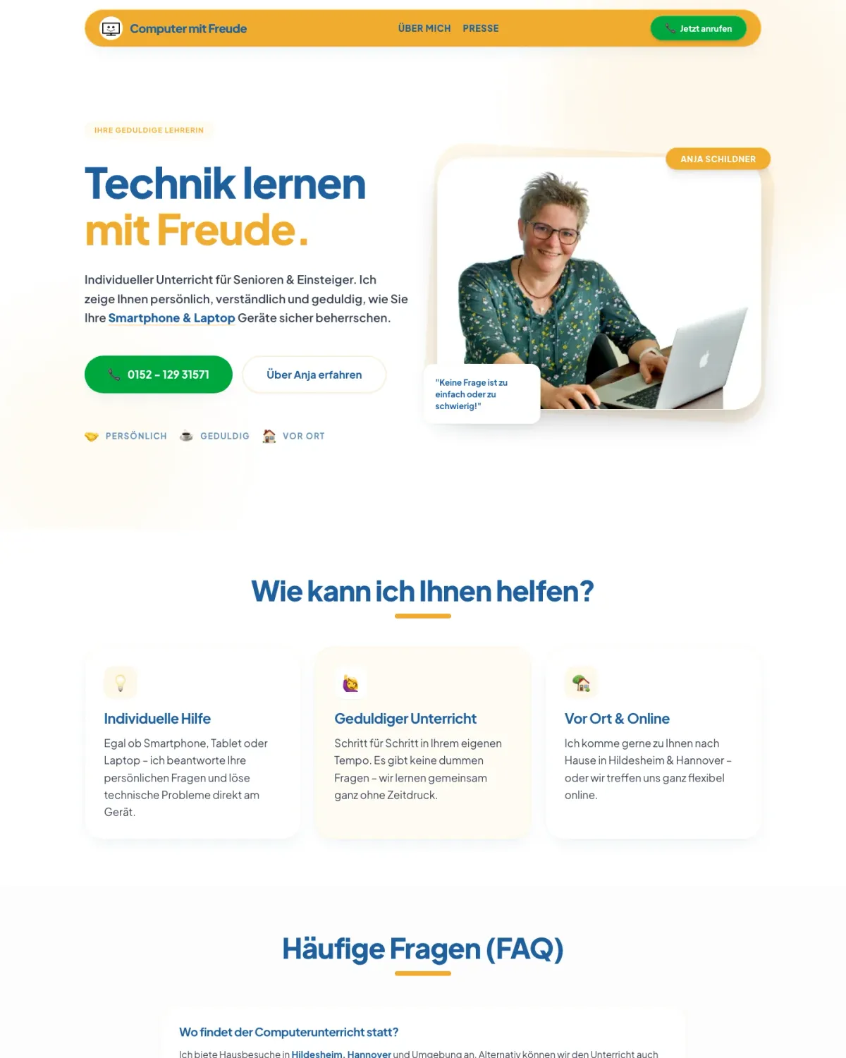 Computer mit Freude Website mit Anja Schildner und der Überschrift Technik lernen mit Freude
