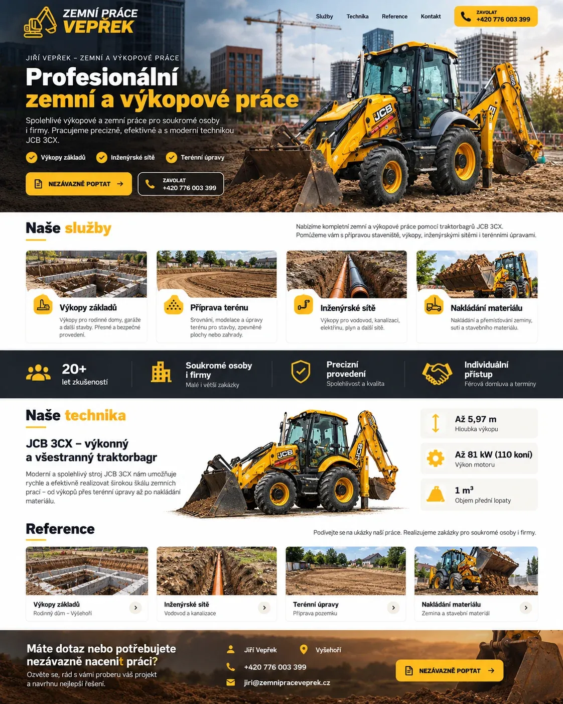 Designentwurf für Výkopové práce Vepřek mit gelbem Bagger, Leistungen und Referenzbildern für Erd- und Aushubarbeiten