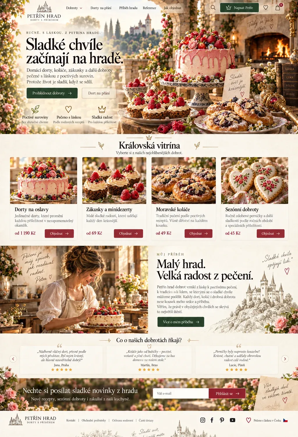 Designentwurf für Petřín hrad dobrot mit Torten, Gebäck und einer Schlosskulisse