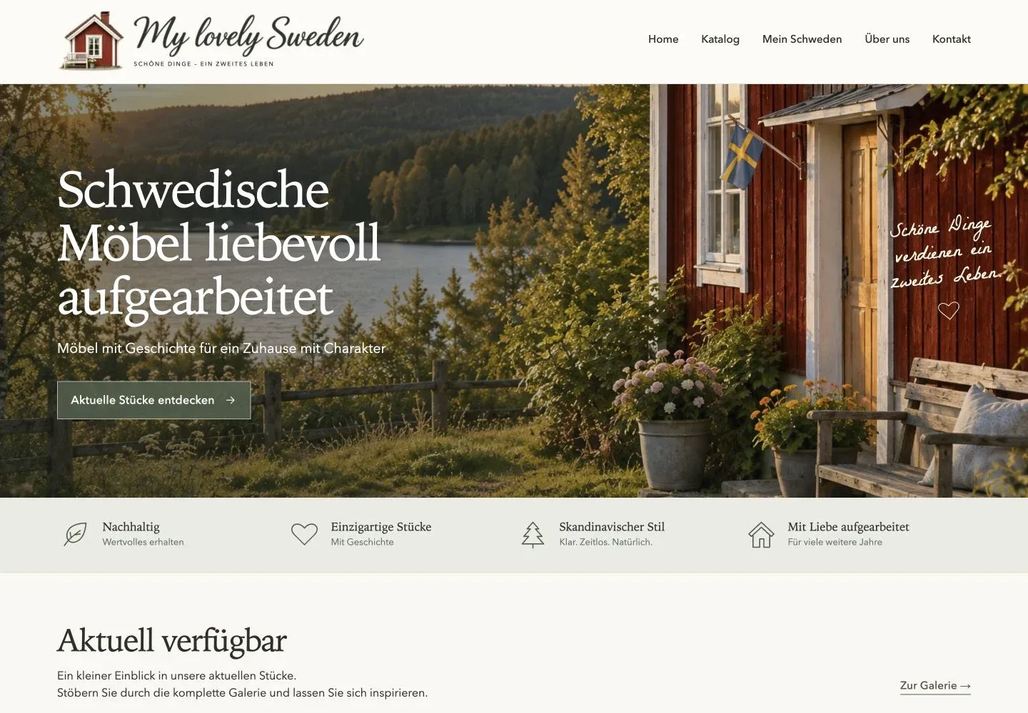 Startseite von My Lovely Sweden mit rotem Schwedenhaus und Möbeln