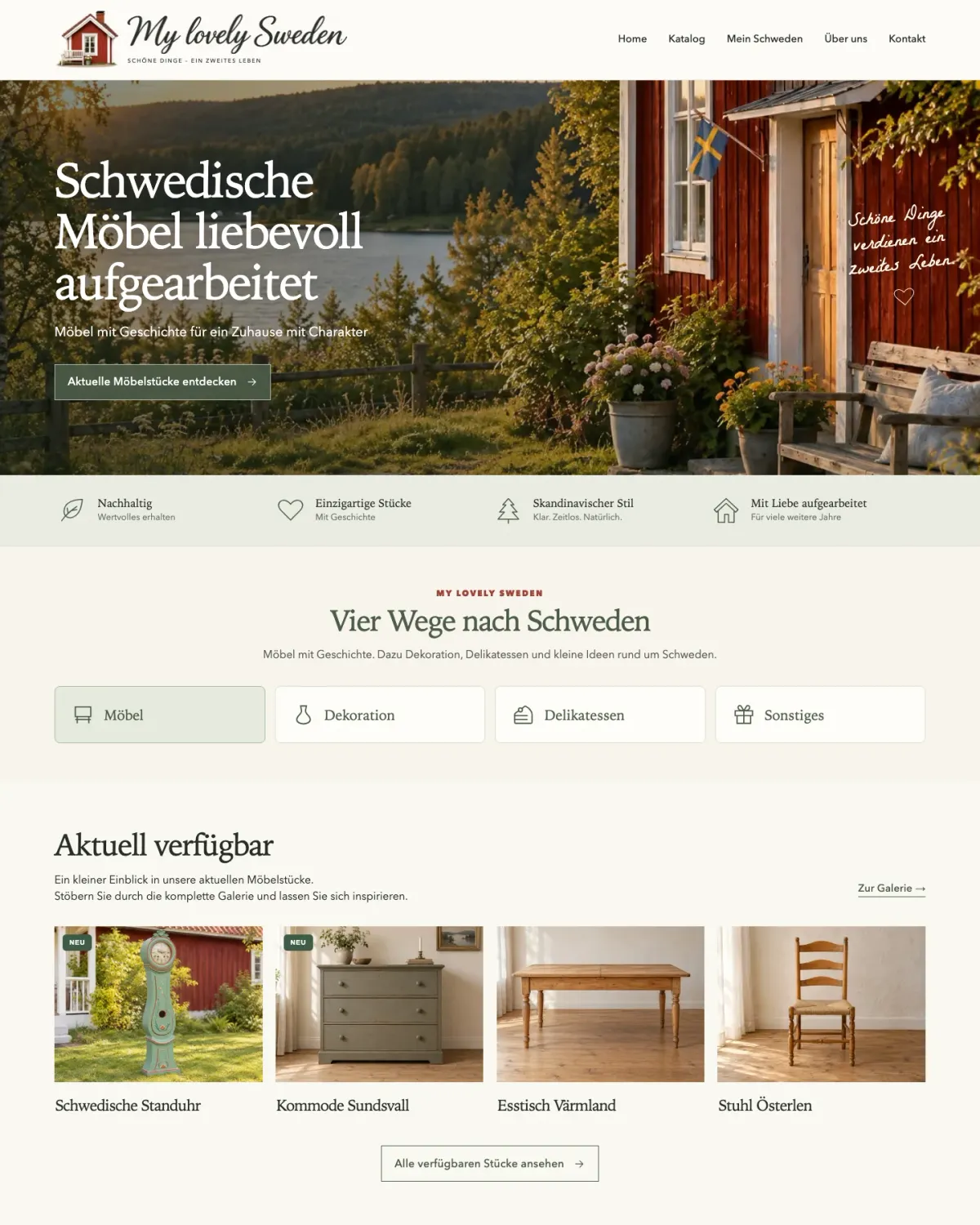 Startseite von My Lovely Sweden mit rotem Schwedenhaus und Möbeln